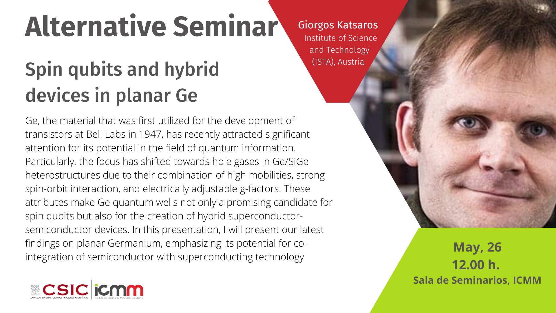 Alternative Seminar: Spin qubits and hybrid devices in planar Ge, by Giorgos Katsaros 