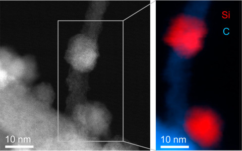 Imágenes de microscopía electrónica de alta resolución mostrando nanoparticulas individuales de carburo de silicio. Foto: CSIC.