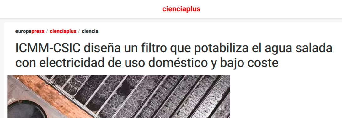 ICMM-CSIC diseña un filtro que potabiliza el agua salada con electricidad de uso doméstico y bajo coste